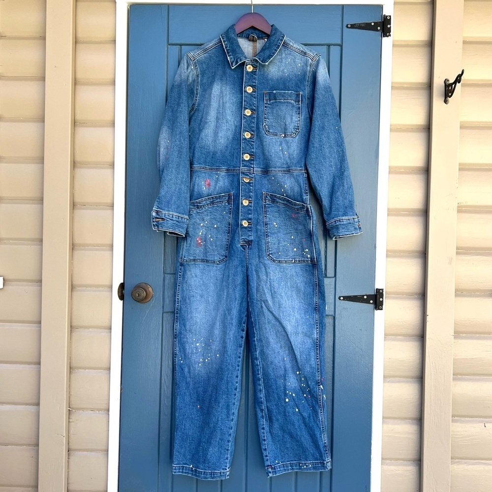 Free People Blue Denim Jumpsuit with paint splash Women Size Small